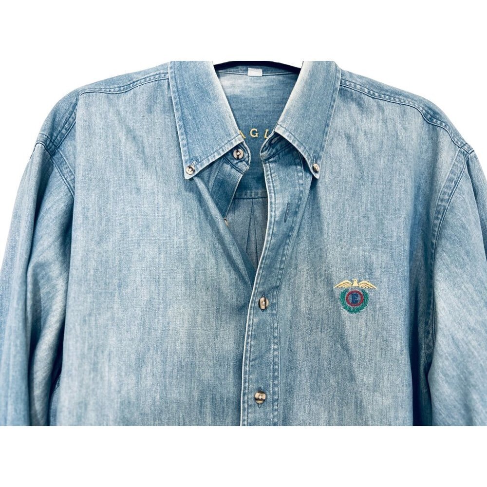 Men's EAGLE Cotton Long Sleeve Jean Button Down Shirt eagle Embroidery Size 15.5 - Picture 5 of 9